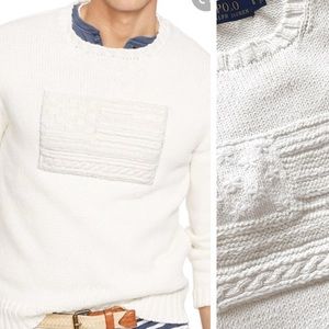 NWT Polo Ralph Lauren • White American Flag Textured Crewneck Cable Knit Sweater